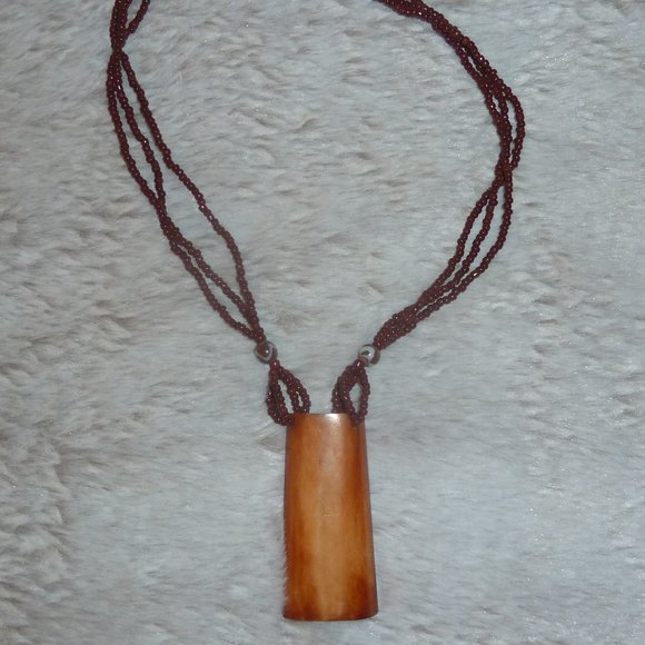 Boho Brown Bead Necklace, Real Bone Horn Rectangular Pendant, Button Closure 18" - Picture 3 of 10